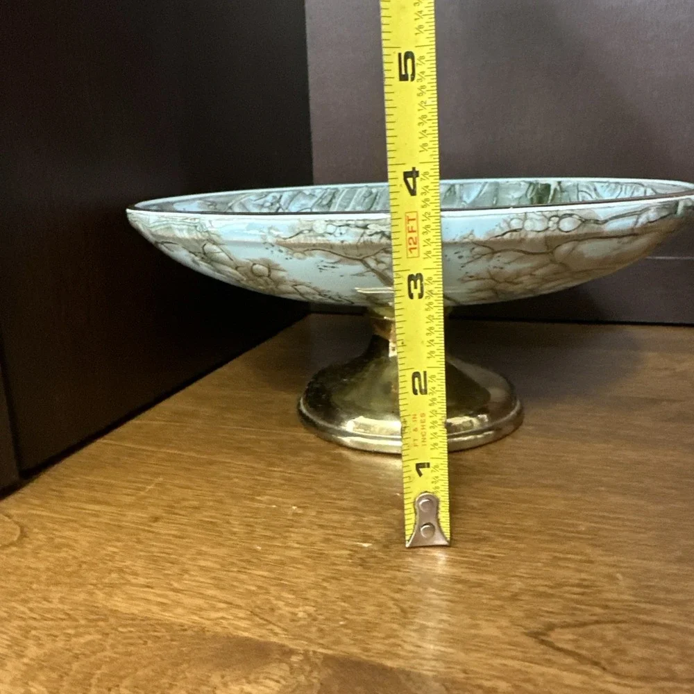 Delft Holland Pedestal Bowl Gold Trim Sea Green Hand Painted Dish MCM Vintage